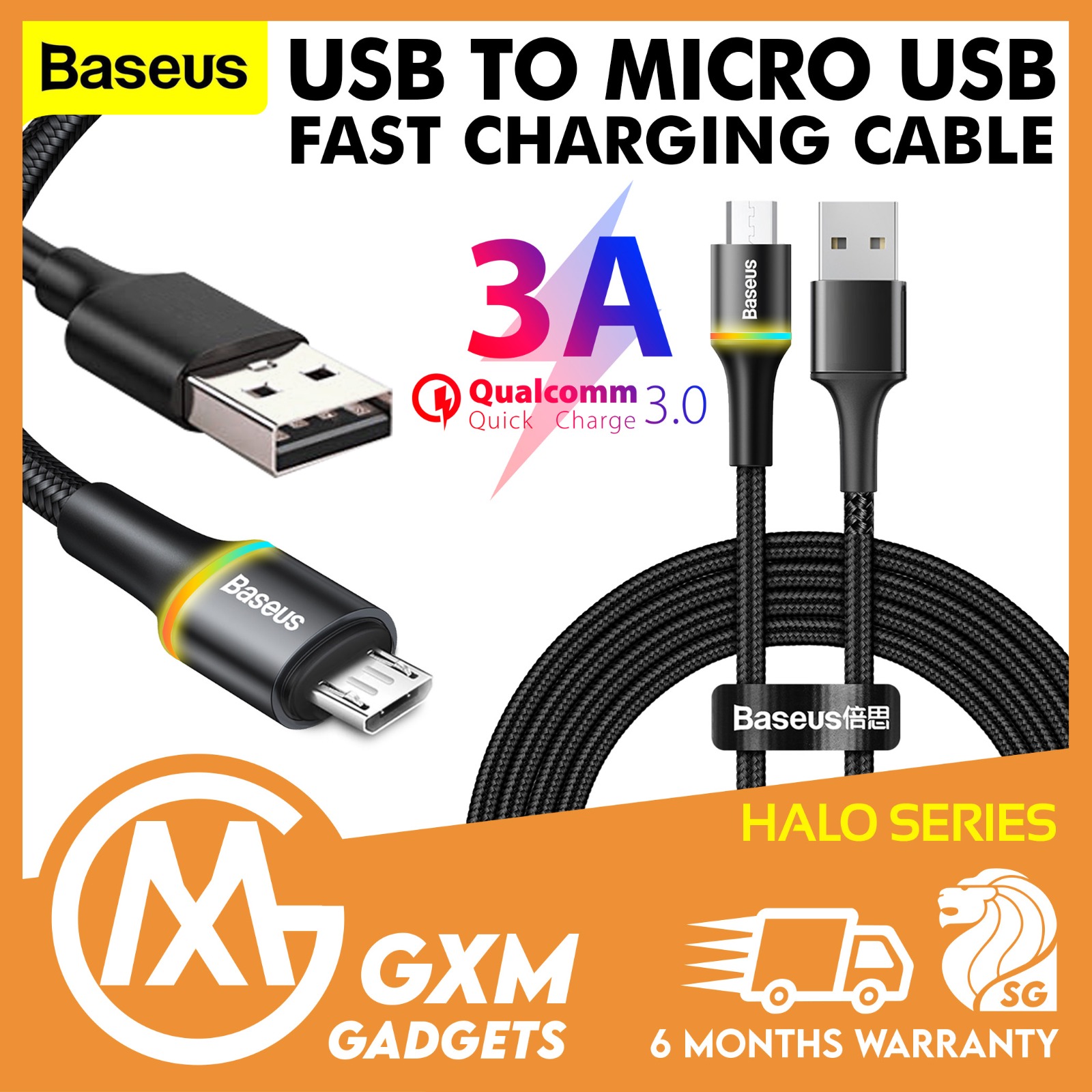 Baseus Halo Type-C MicroUSB Data Cable Quick Charge Cable iPhone iPad Huawei Samsung Xiaomi-Black