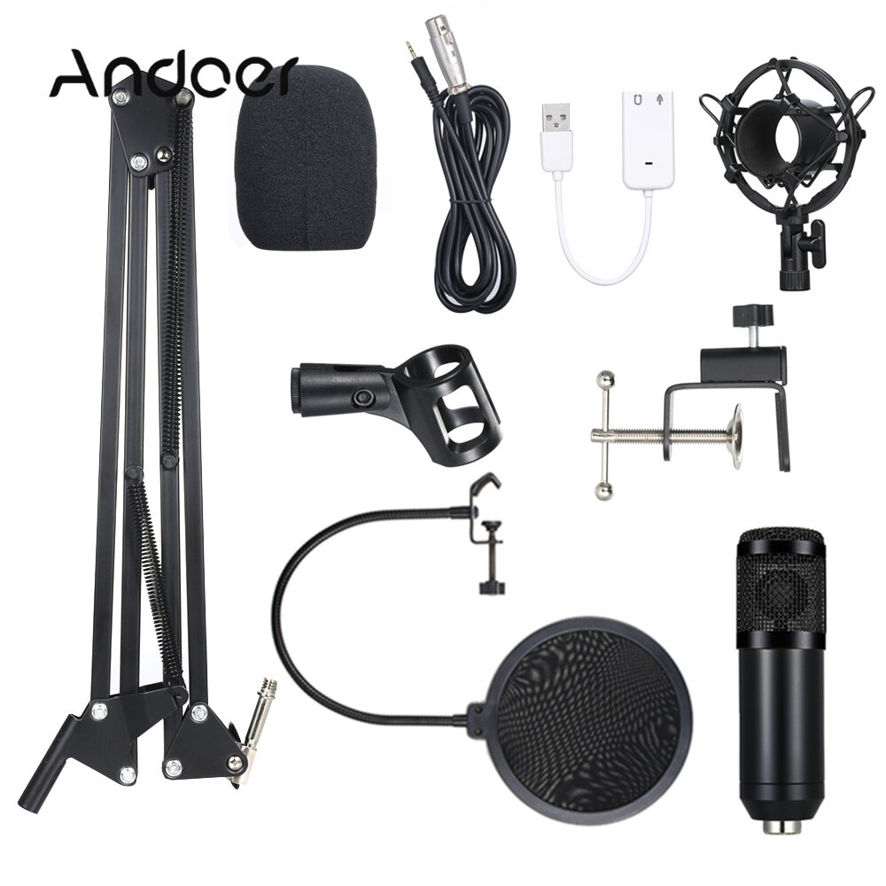 【Flash Sale】BM800 Condenser Microphone Lit Pro Audio Studio Recording & Brocasting Adjustable Mic Suspension Arm Pop Filter