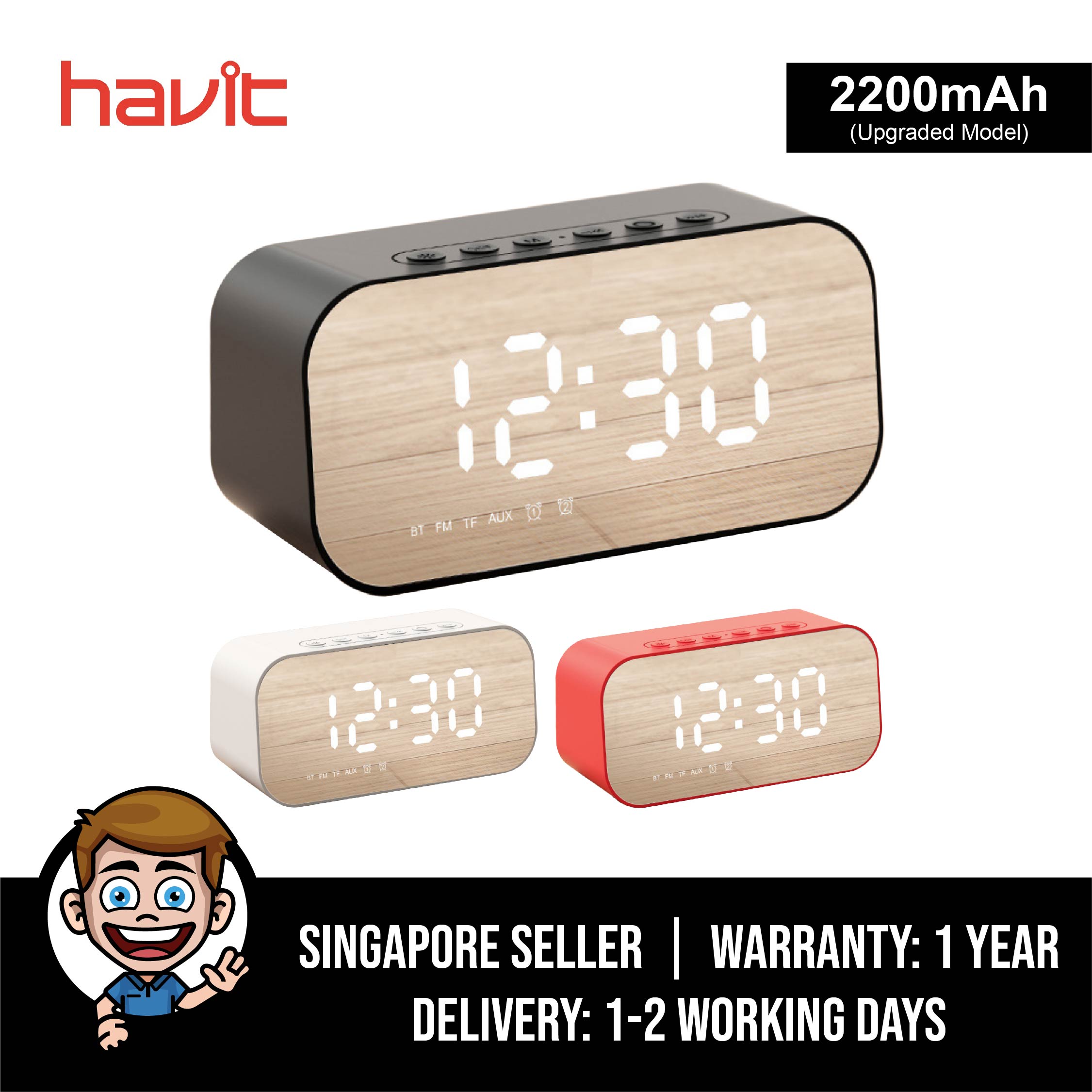 Havit M3 Wireless Bluetooth Speaker, 2200mAh Model, LED Display, Dual Alarm Clock, FM Radio, TF Card, Stereo Bass Speaker with Mic