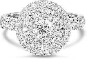 Diamond Delight 1 2/3 Carat Real Natural Diamond Round Halo Ring for Women - 14k White Gold Engagement Ring for Her - Stunning Halo and Pave Band (H, VS1, 1.60 cttw) - Promise Anniversary Band Size 7